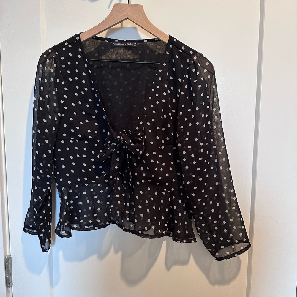 Abercrombie & Fitch Black Sheer Blouse with White Dots